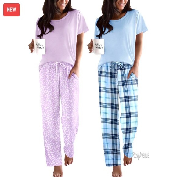 2-Pack Short Sleeve Pajama Set with Pockets Soft Lounge Wear Machine Washable